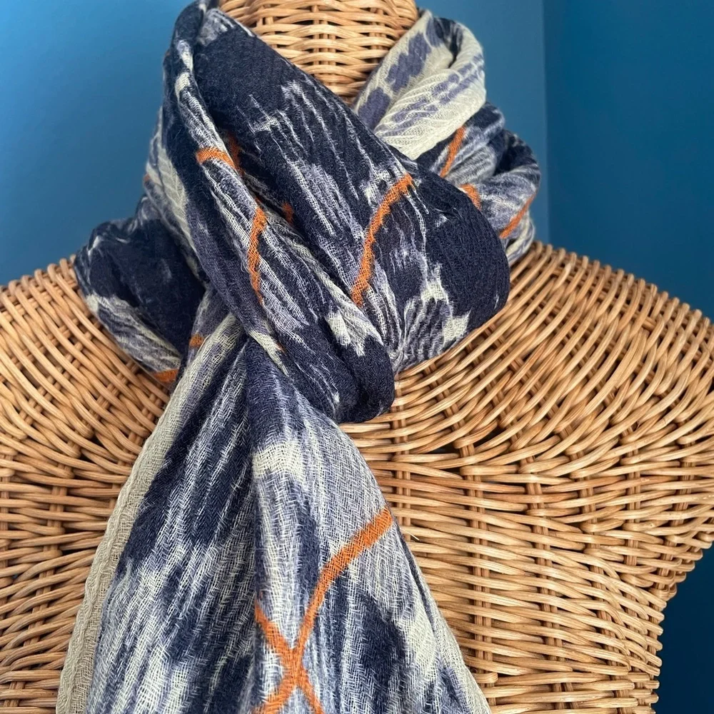 Anna Kaszer Paris NWT Lightweight Wool Scarf Navy Blue Orange Cream 20 x 64